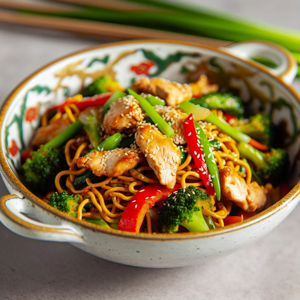Bowl de Nouilles Sautées au Poulet et Légumes