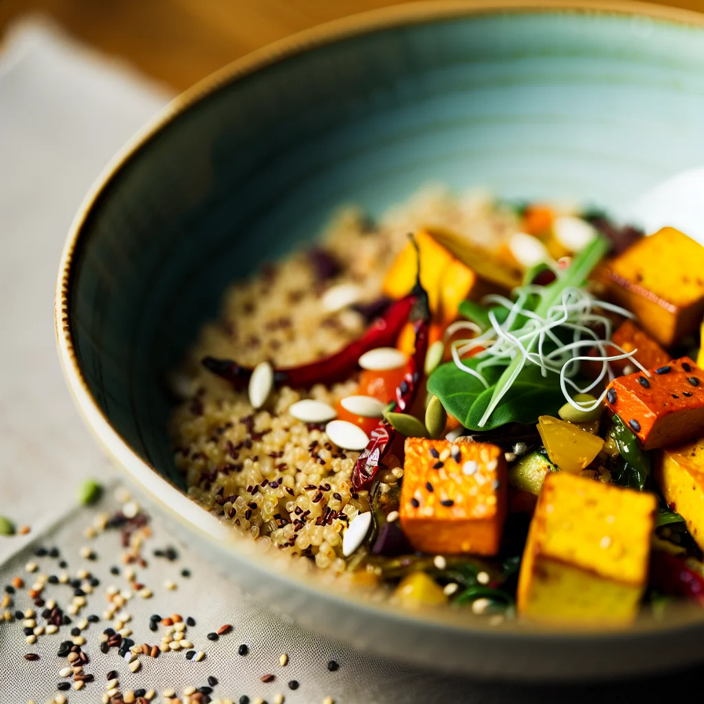 Bowl de Quinoa au Tofu Mariné et Légumes Rôtis