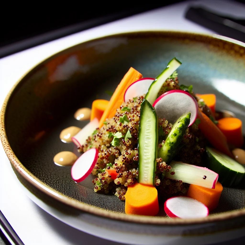 Bowl de quinoa aux légumes croquants et sauce au tahini
