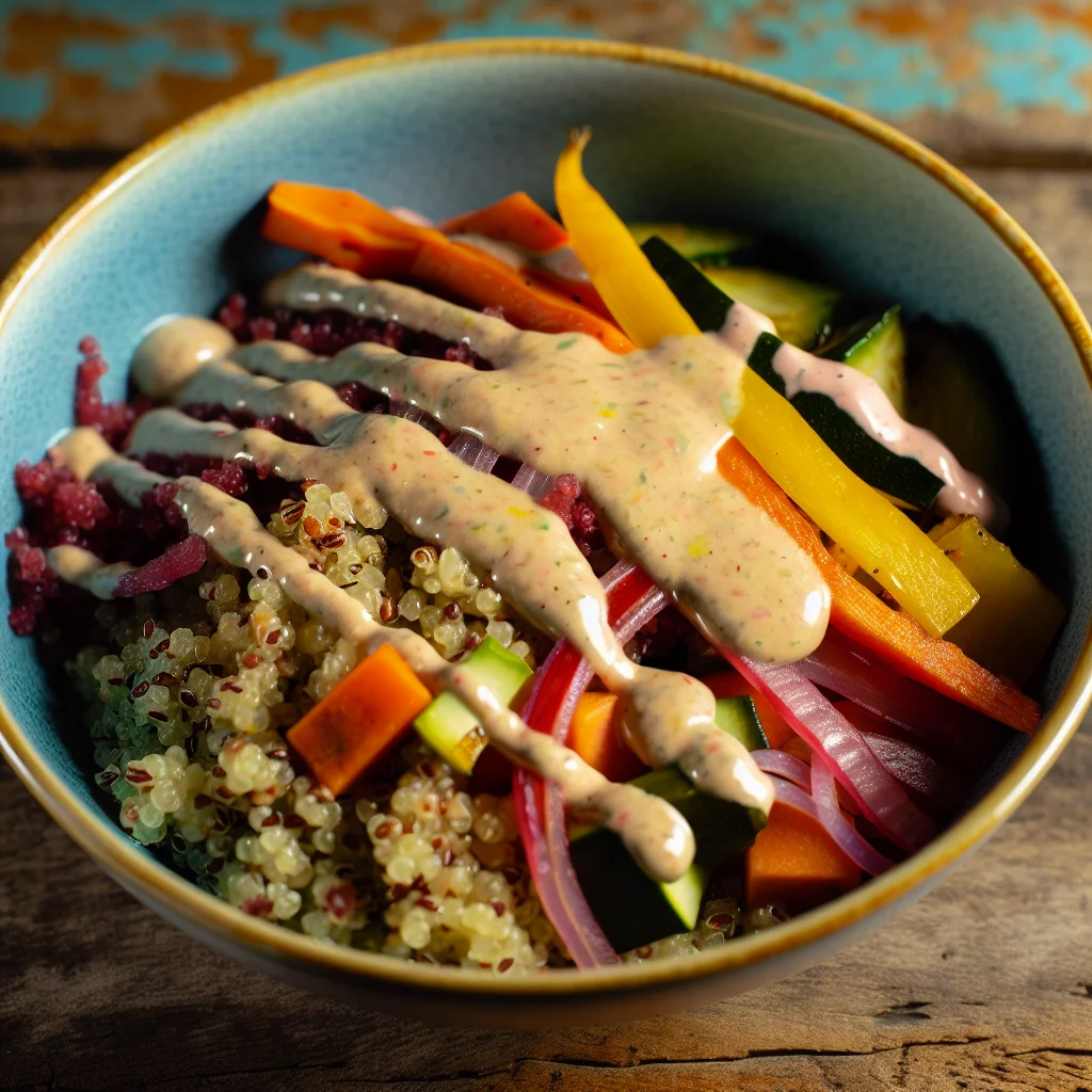 Bowl de quinoa aux légumes rôtis et sauce tahini