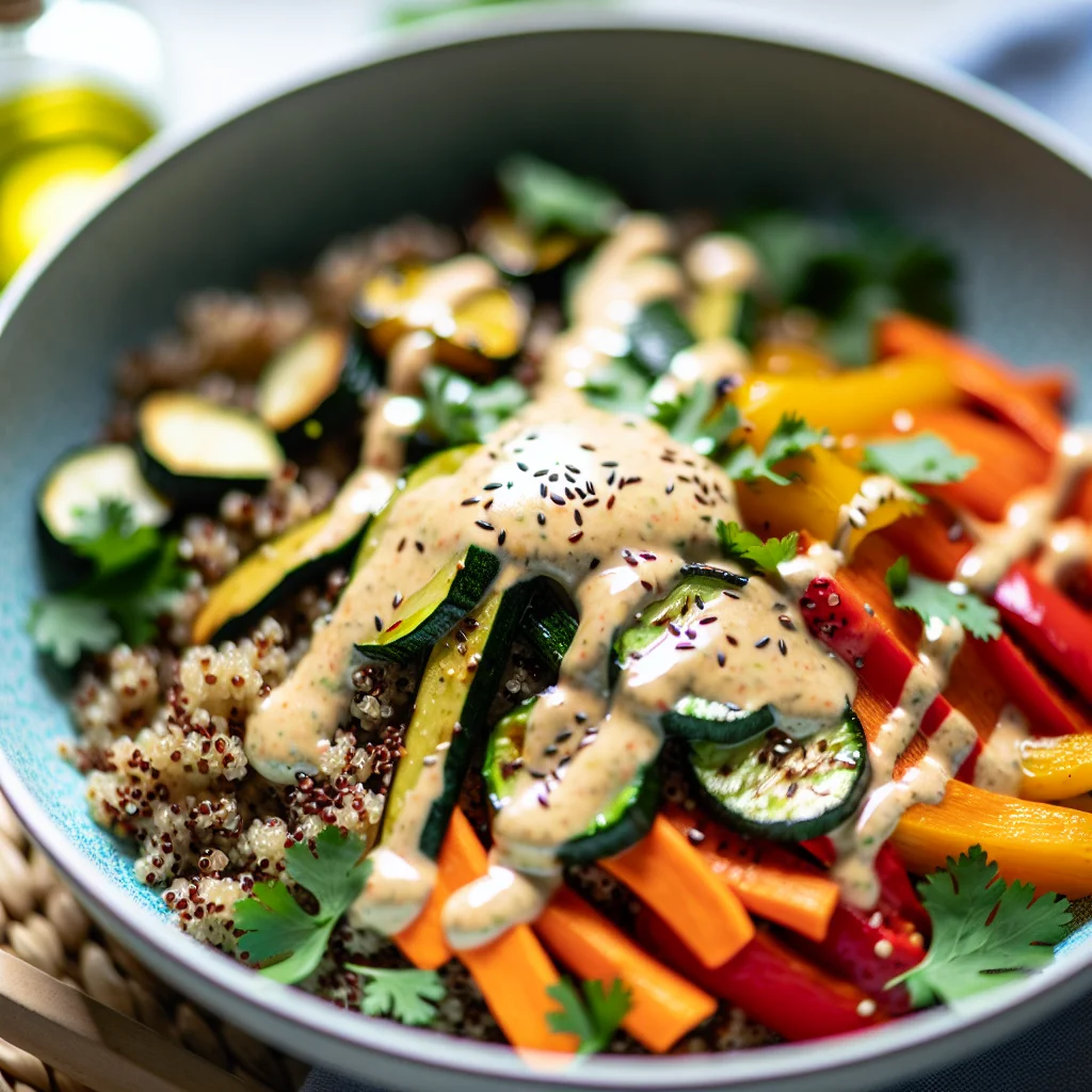 Bowl de Quinoa aux Légumes Rôtis et Sauce Tahini