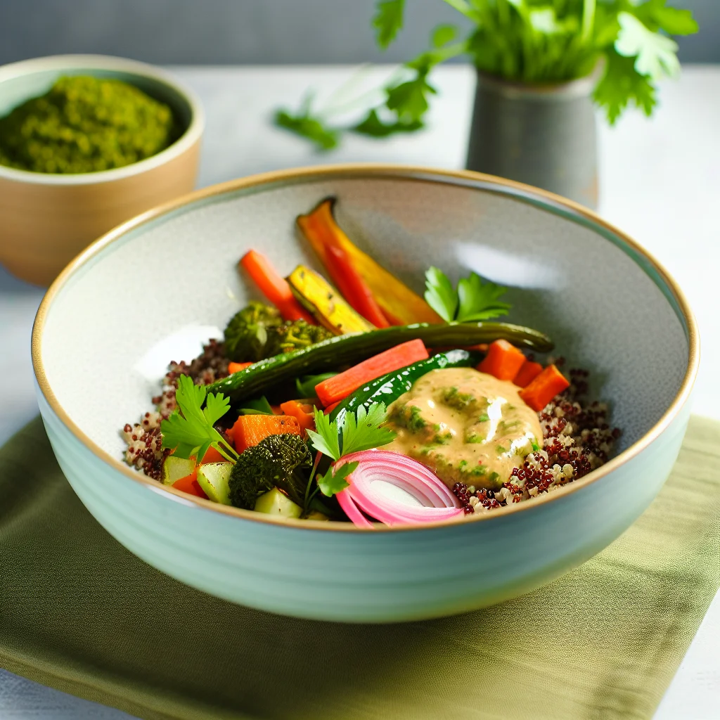 Bowl de Quinoa aux Légumes Rôtis et Sauce Tahini
