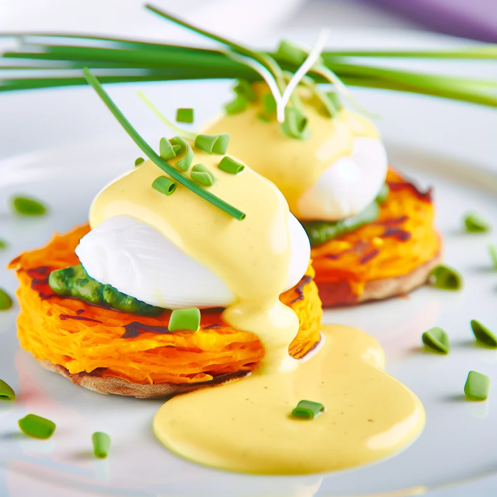 Brunch Éclatant aux Œufs Bénédicte Sur Crumpets de Patate Douce