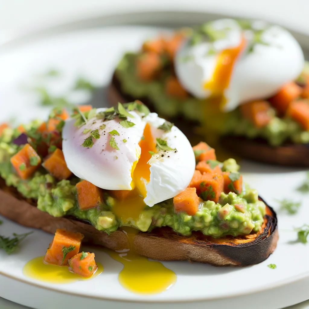 Brunch Éveillé: Toasts de Patate Douce aux Oeufs Pochés et Salsa Avocat-Coriandre