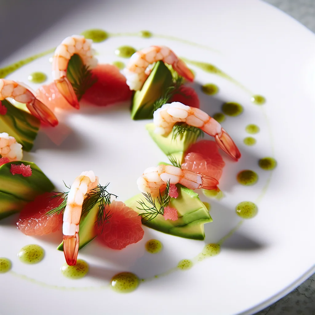 Carpaccio d'avocat et pamplemousse aux crevettes