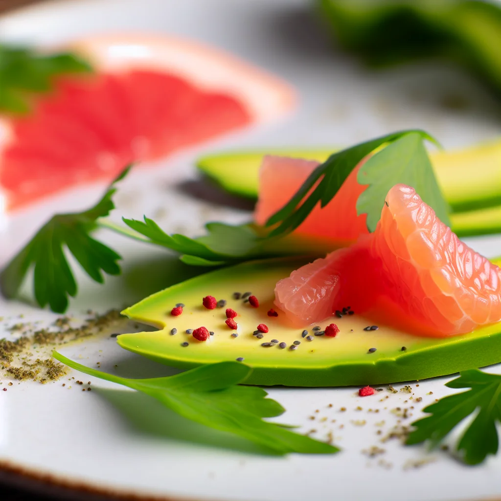 Carpaccio d'avocat et pamplemousse rose