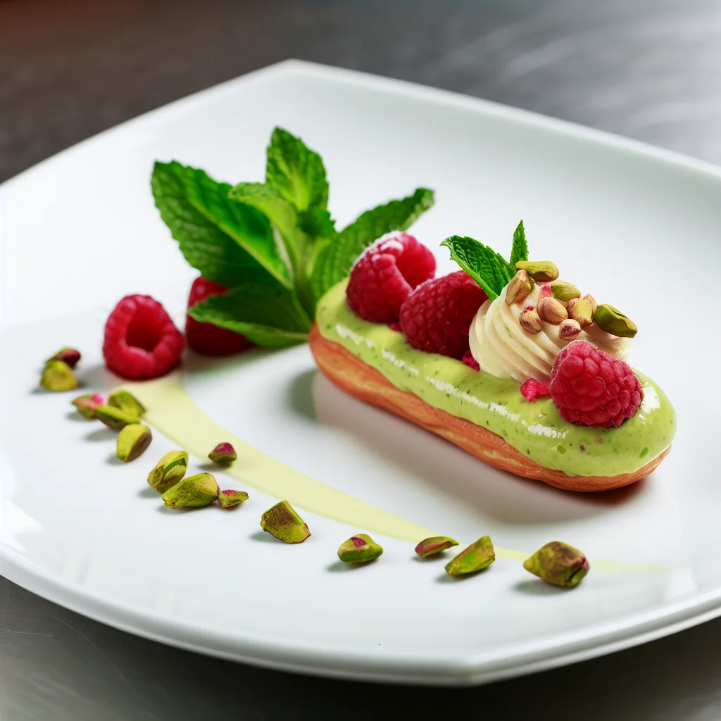 Éclair à la crème de pistache et éclats de framboises