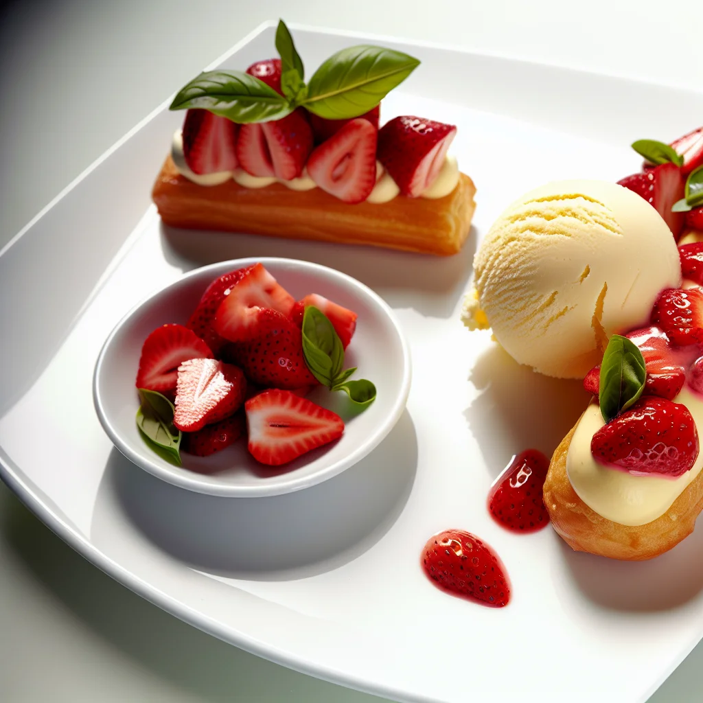 Éclair à la Fraise et Basilic avec Glace Vanille