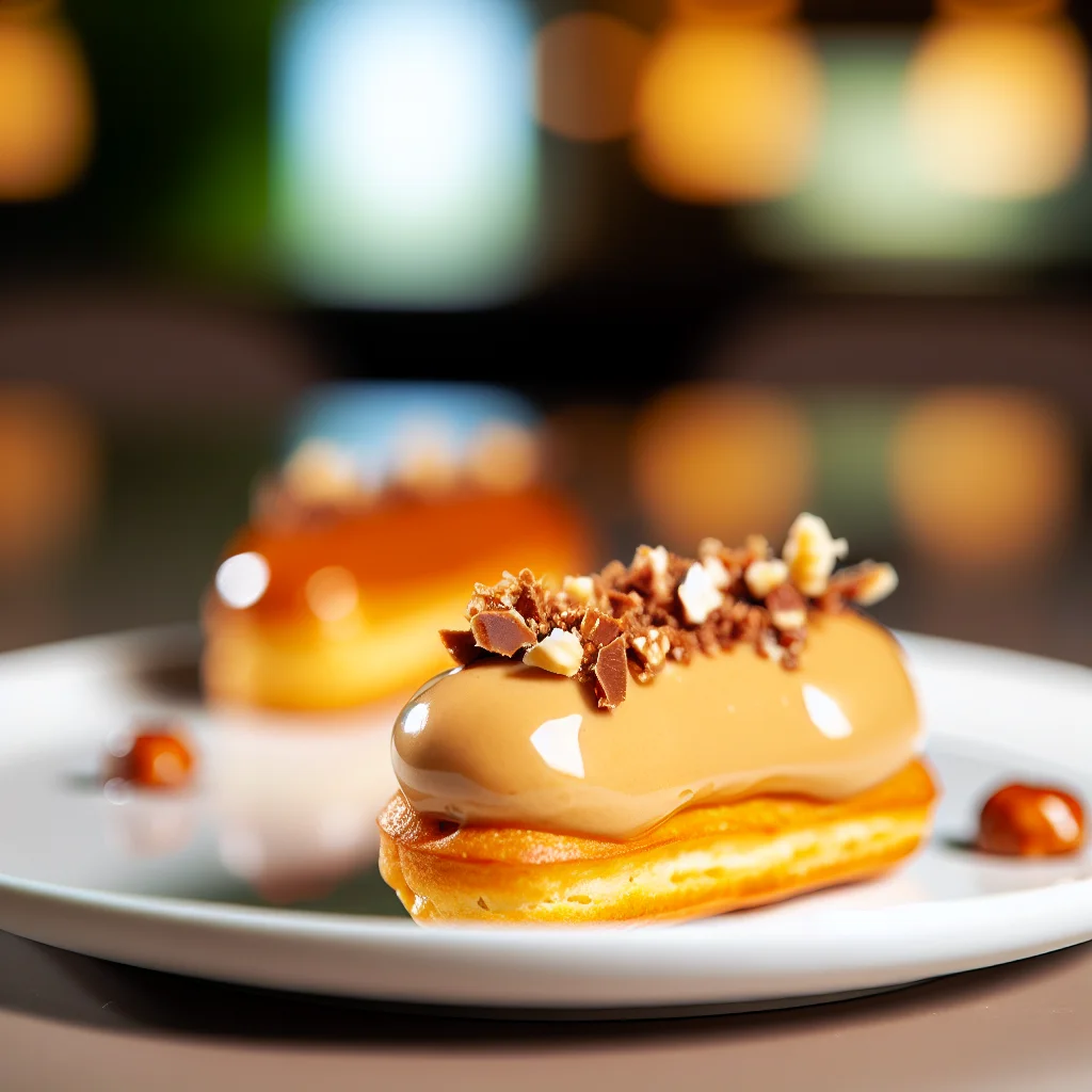 Éclair au caramel beurre salé et éclats de noisettes