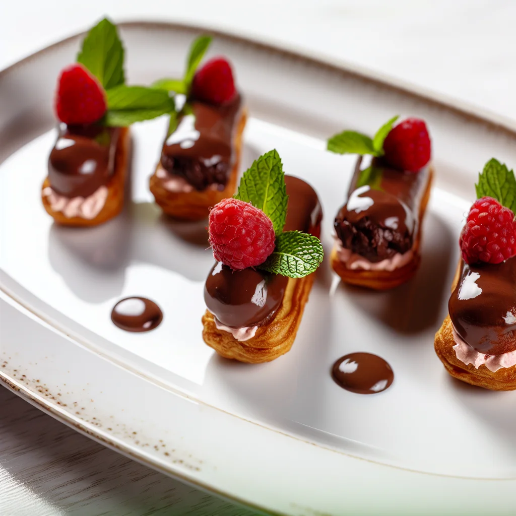 Éclair au chocolat intense et framboises fraîches