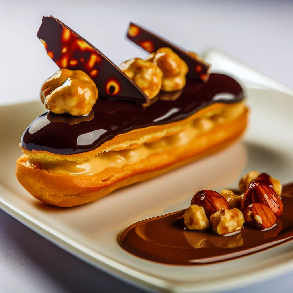 Éclair au praliné et crémeux de chocolat noir