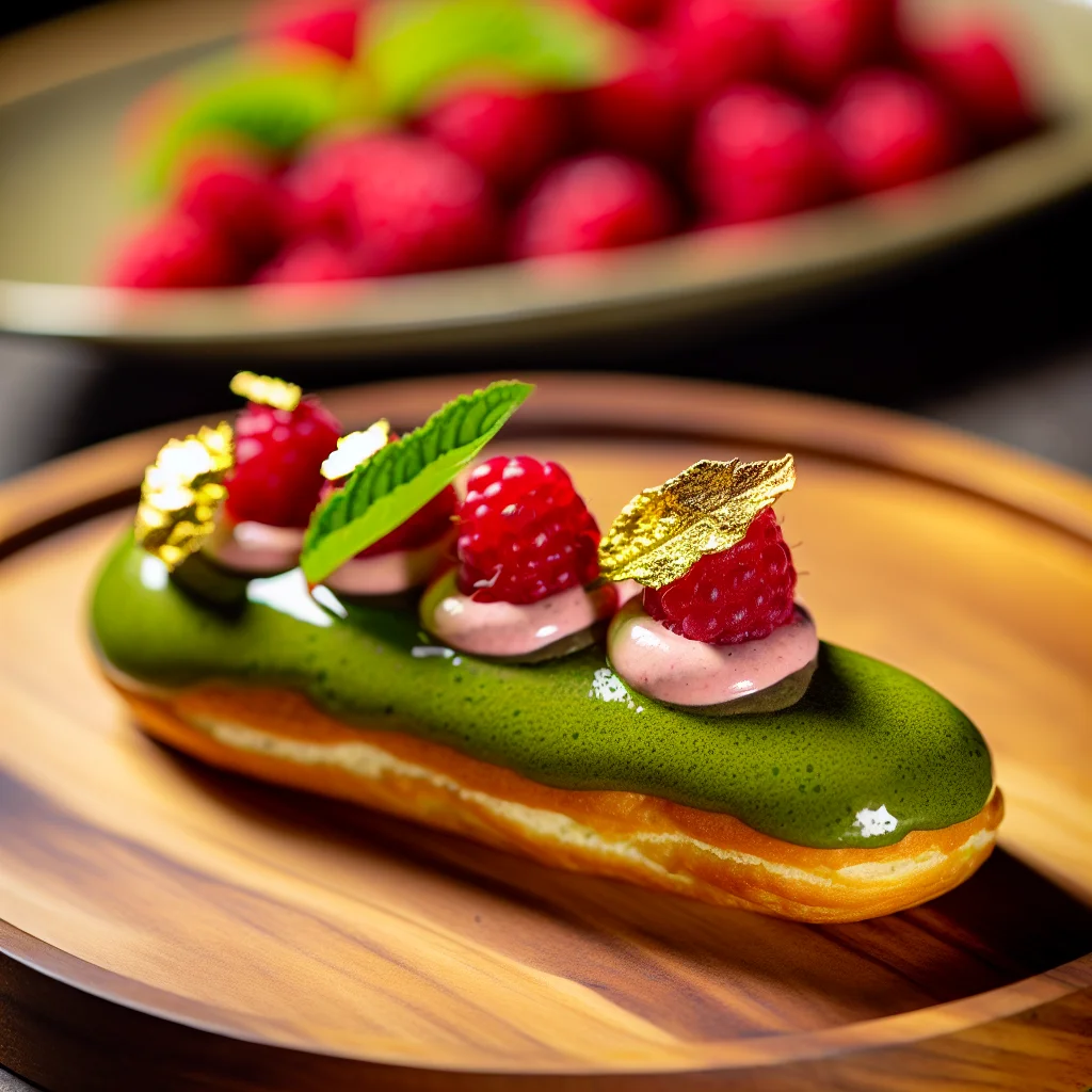 Éclair au thé matcha et cœur de framboise