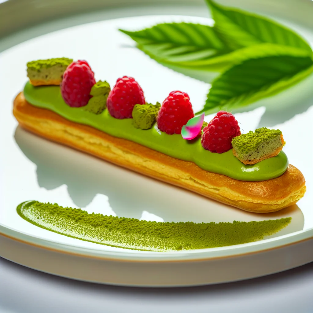 Éclair au thé matcha et framboises