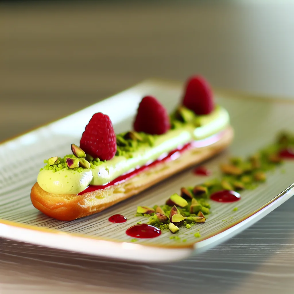 Éclair aux framboises et crème pistache