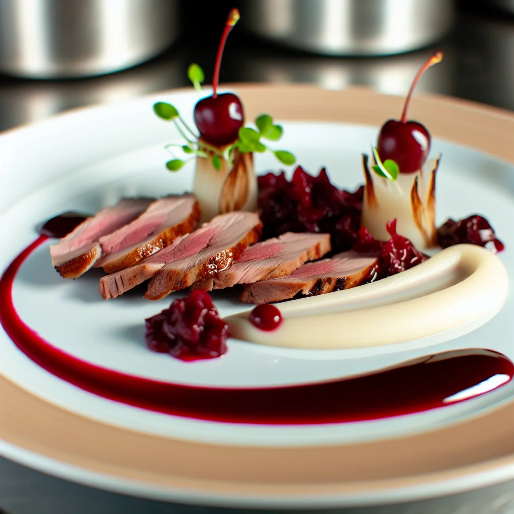 Filet de canard aux cerises et purée de céleri-rave