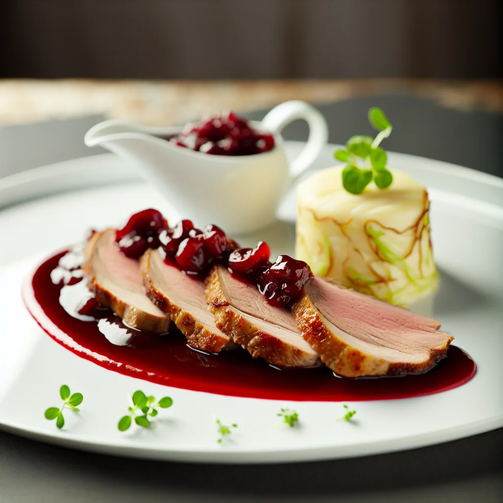 Filet de canard aux cerises et purée de céleri-rave