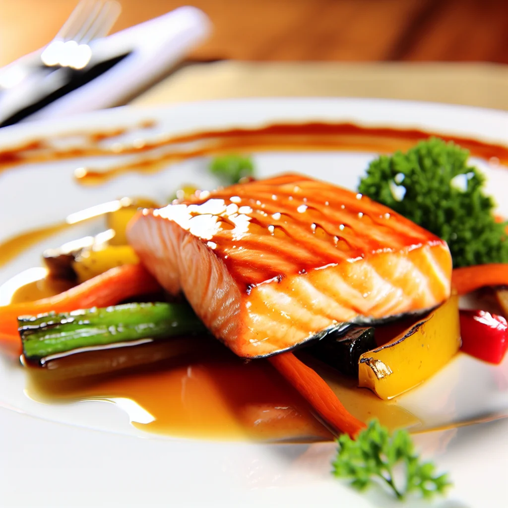 Filet de saumon au miel et aux épices, accompagné de légumes rôtis