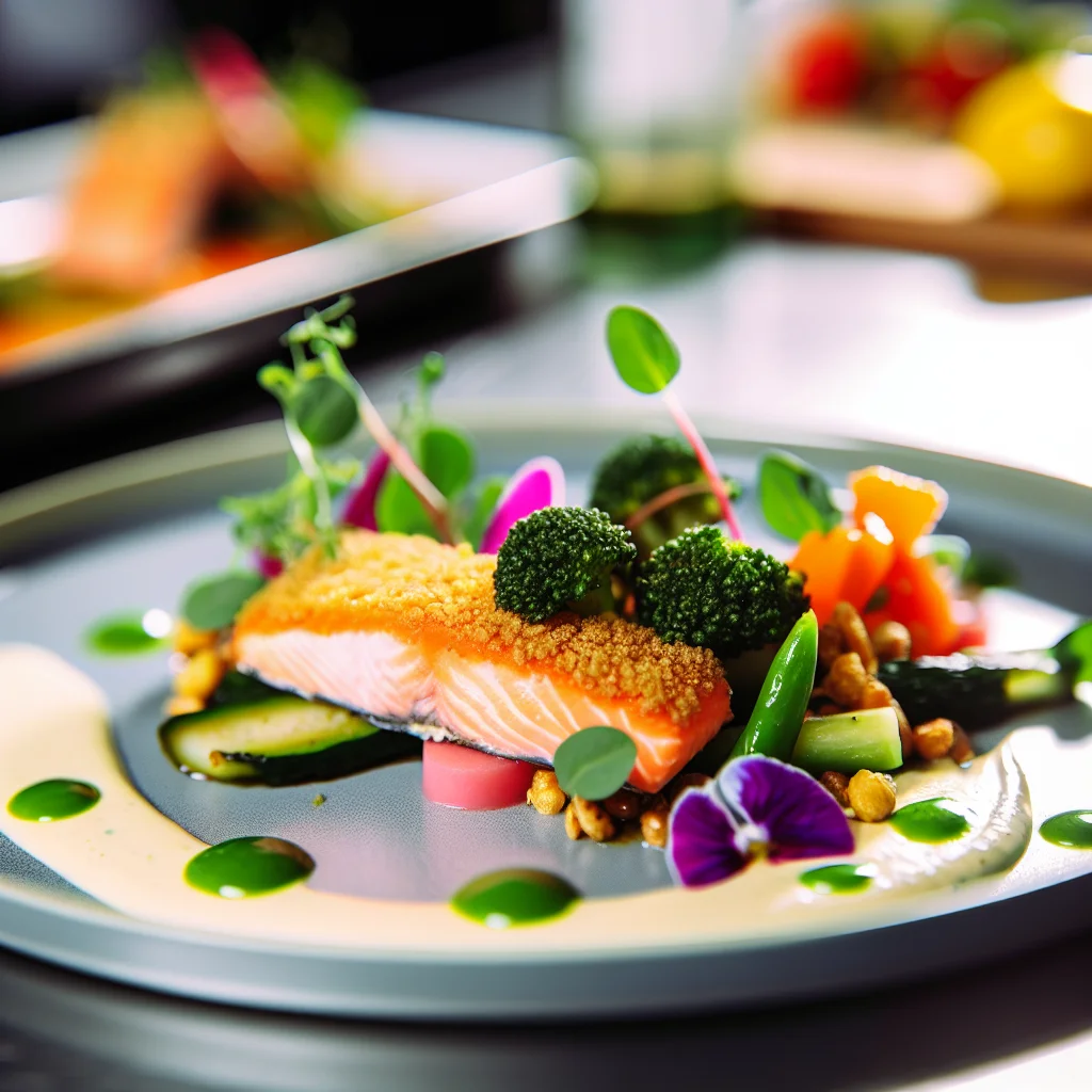 Filet de saumon en croûte d'herbes et ses légumes colorés