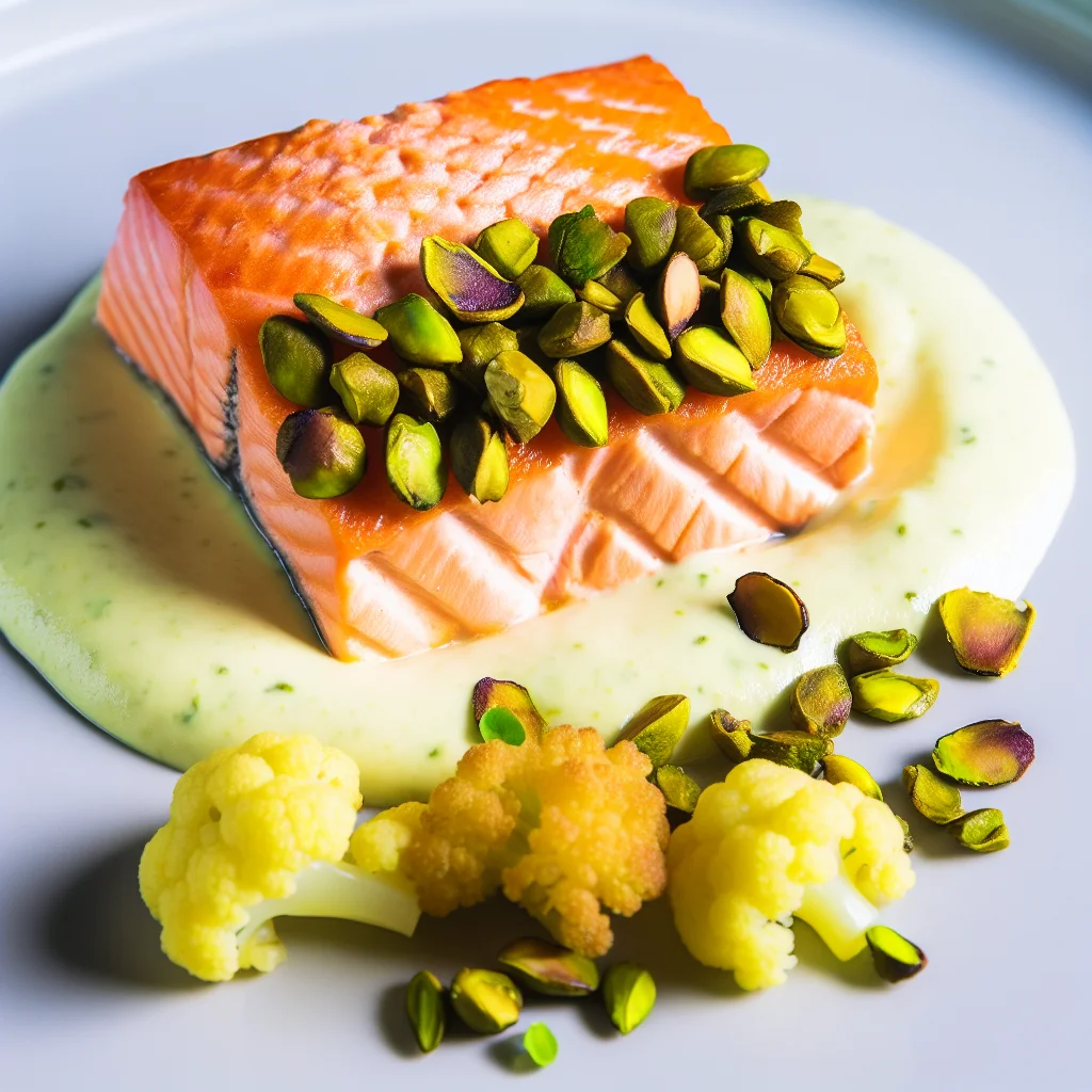 Filet de Saumon en Croûte de Pistaches et Purée de Choux-Fleurs Truffée