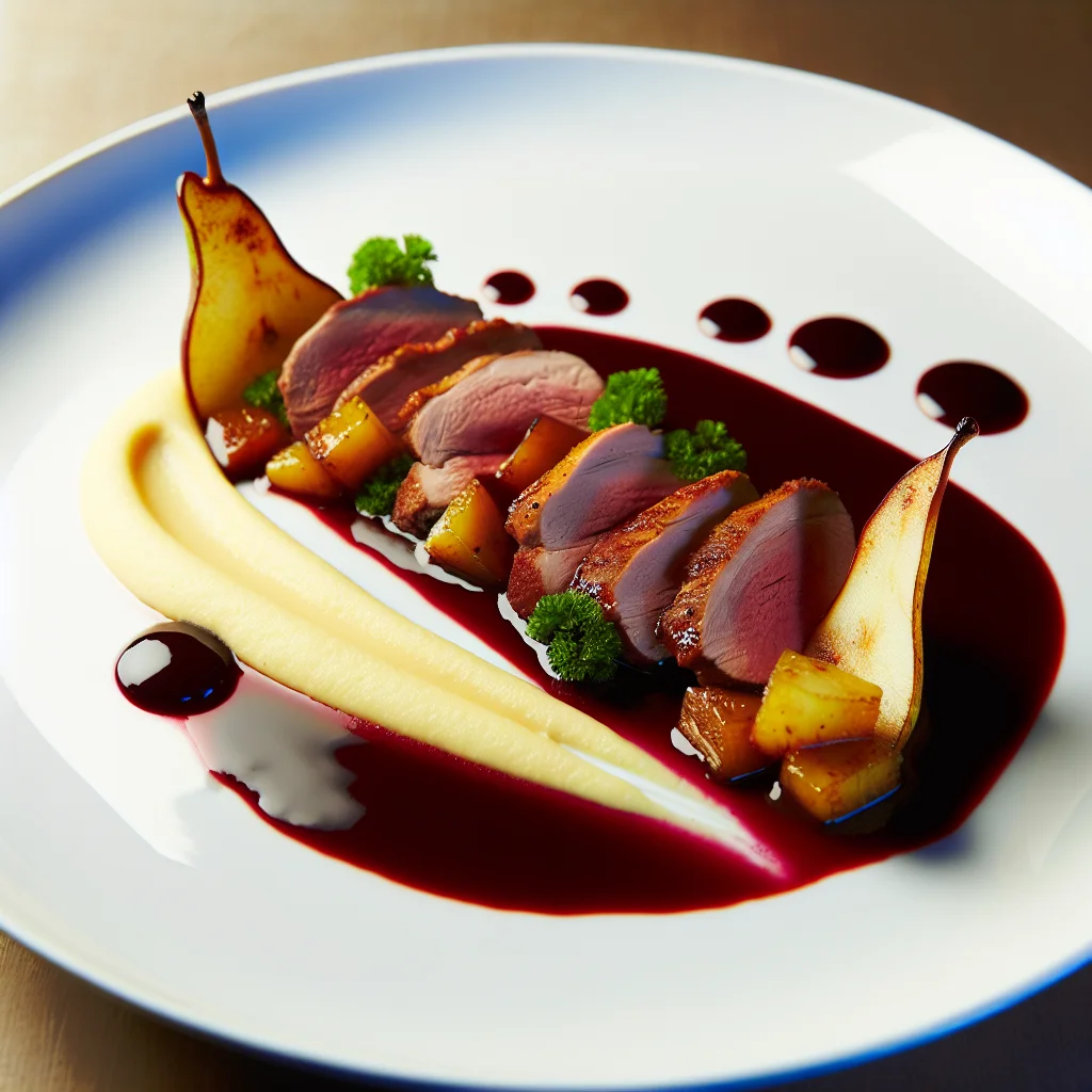 Magret de canard aux poires caramélisées et sauce au vin rouge