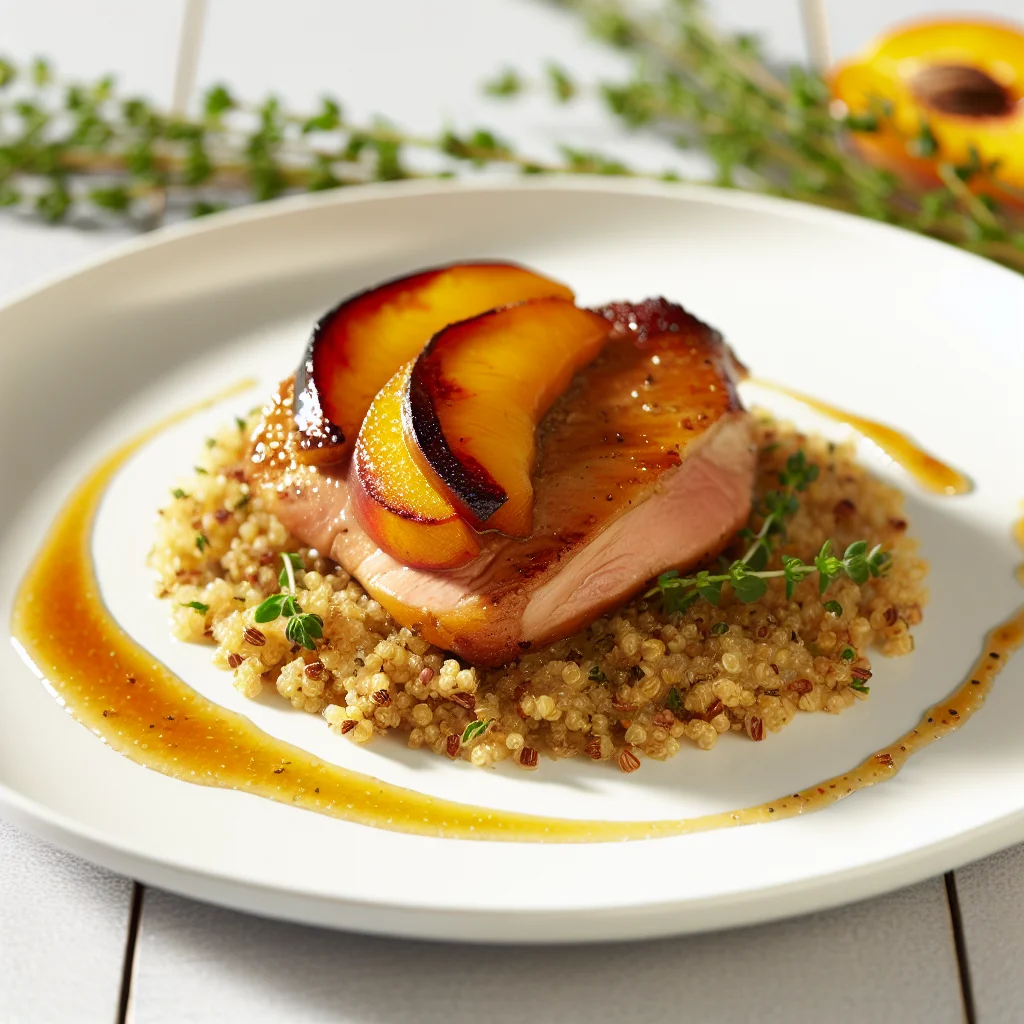 Magret de canard caramélisé aux pêches et quinoa aux herbes