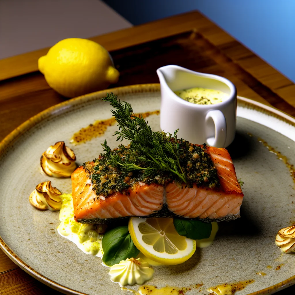 Pavé de saumon en croûte d'herbes, sauce citronnée