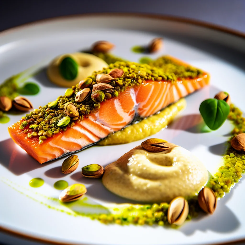 Pavé de saumon en croûte de pistaches et purée de céleri-rave