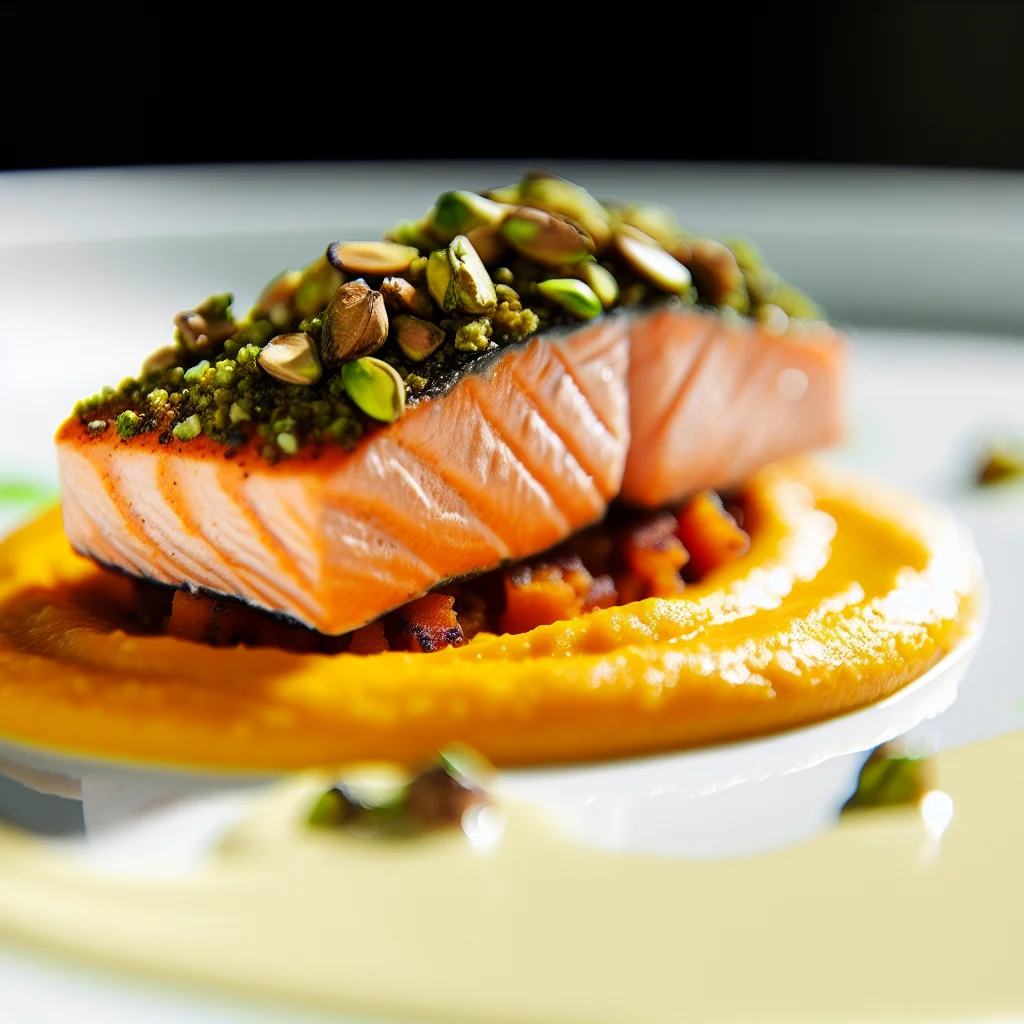 Pavé de saumon en croûte de pistaches et purée de patates douces