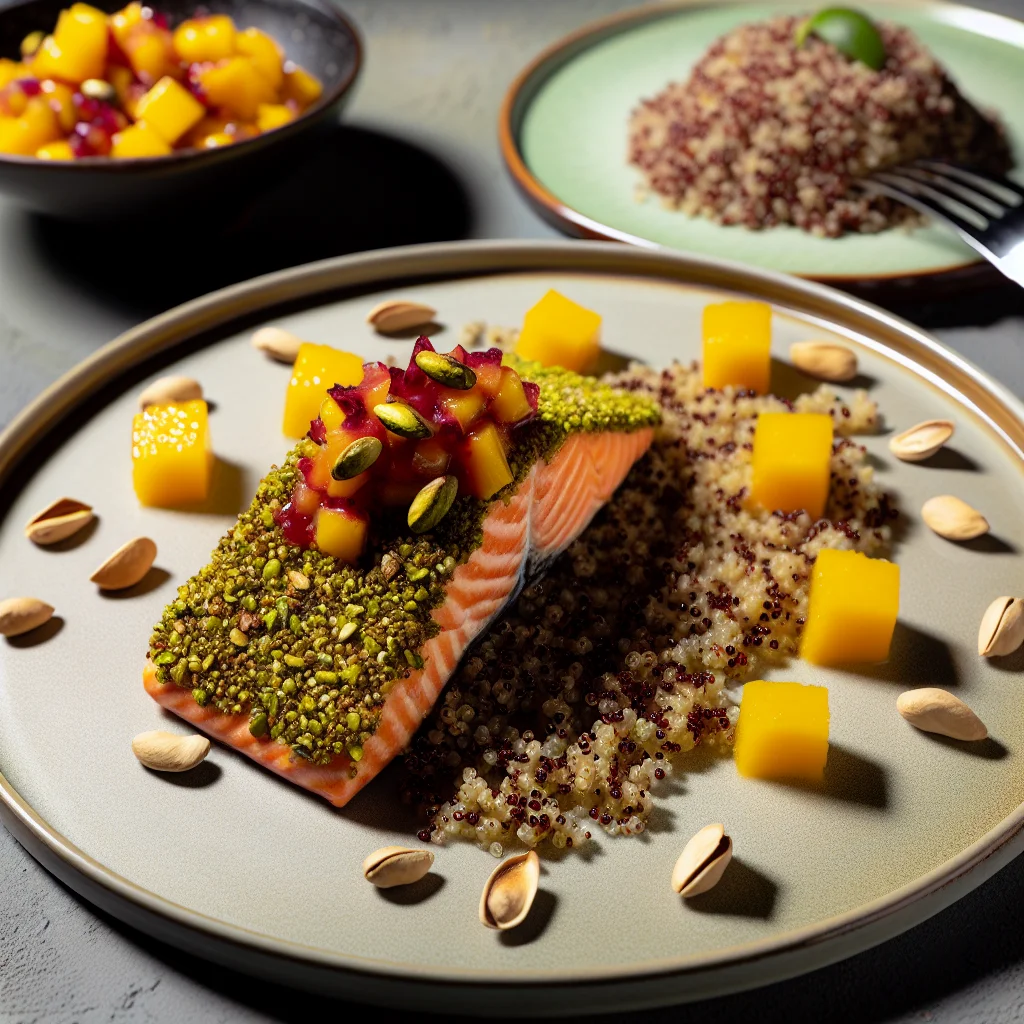 Pavé de Saumon en Croûte de Pistaches et Salsa de Mangue