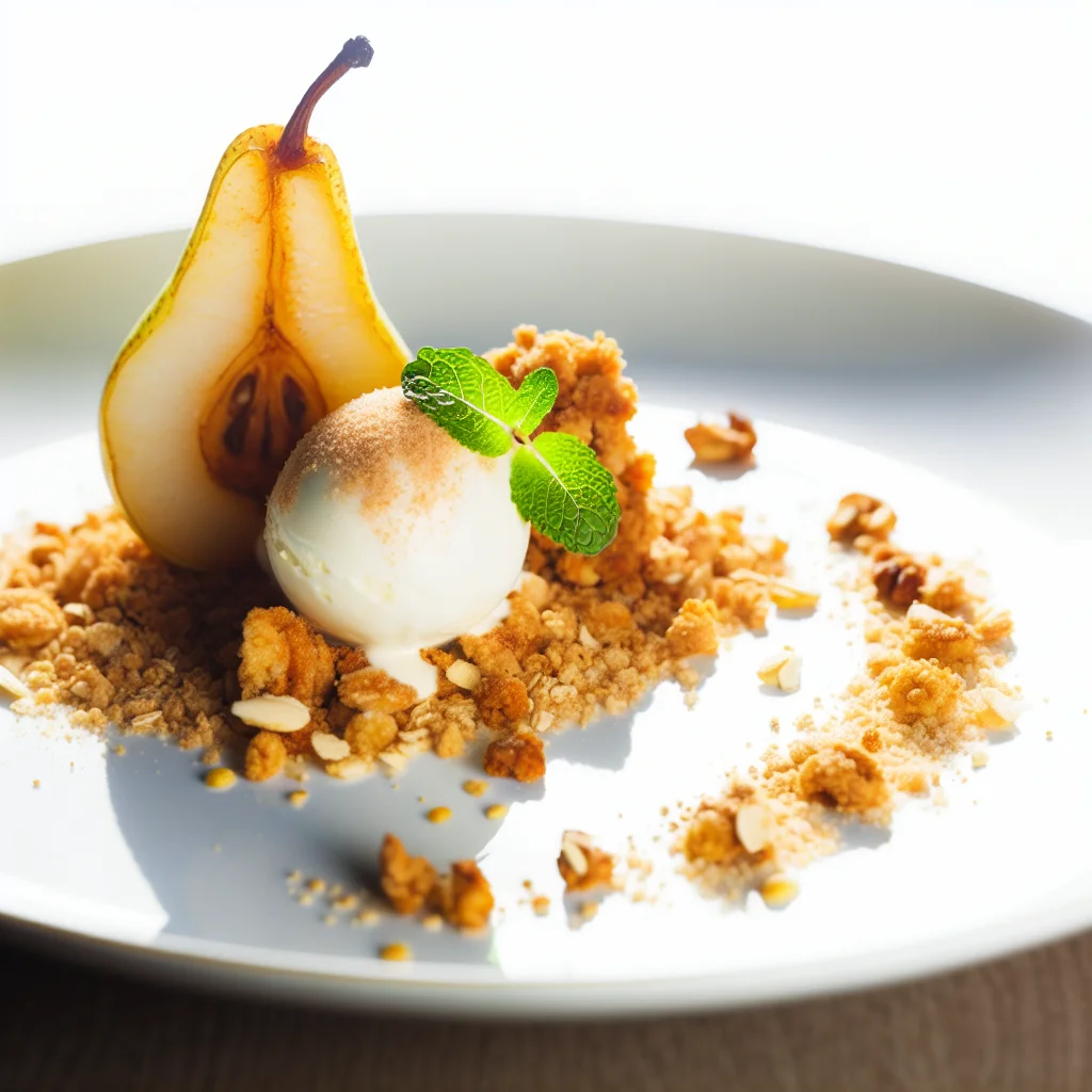 Poires rôties au miel et cannelle, crumble d'avoine et glace à la vanille