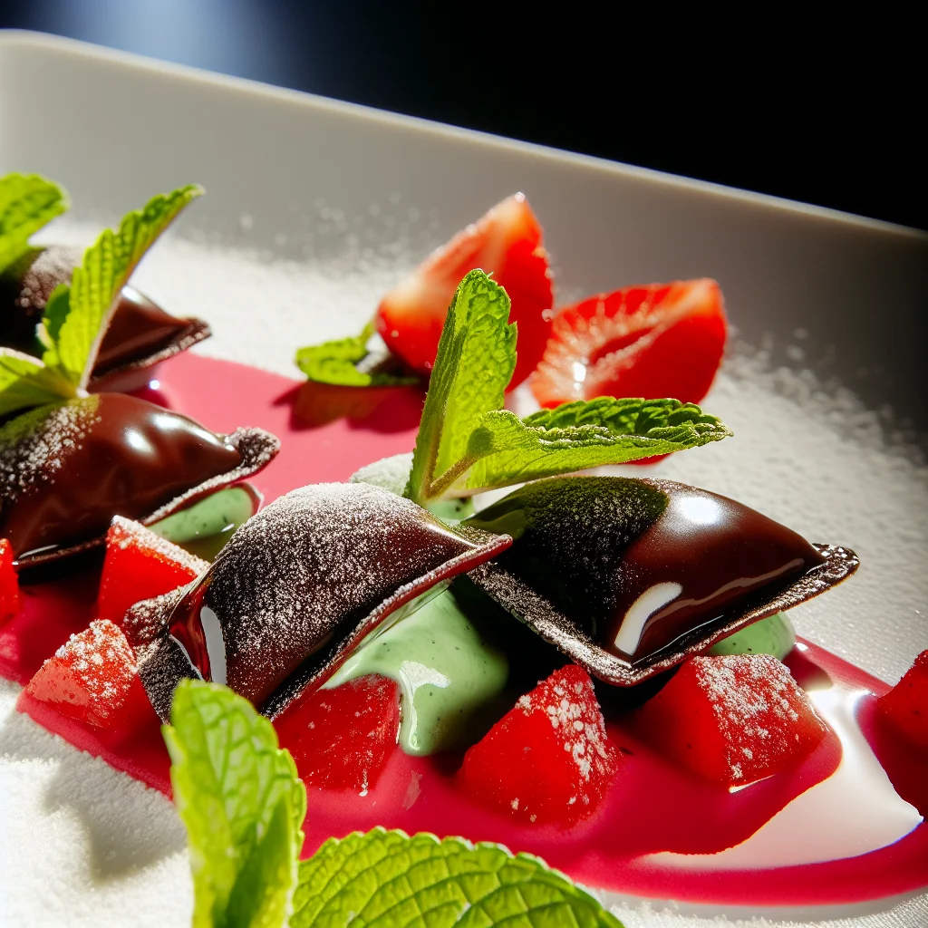 Ravioles de Chocolat à la Menthe sur lit de Fruits Rouges