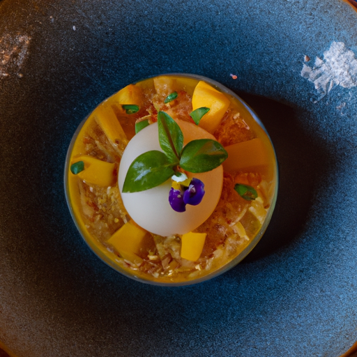 Dôme de mangue et basilic sur lit de crumble coco