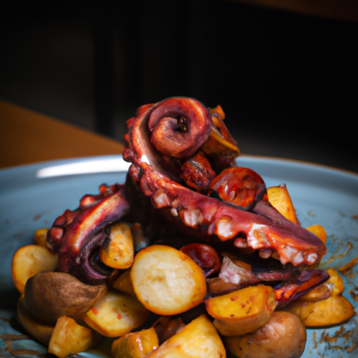 Poulpe à la catalane rôti au chorizo et pommes de terre safranées