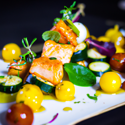 Brochettes de saumon mariné aux fruits exotiques