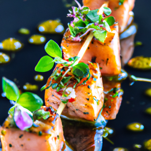 Brochettes de saumon mariné au miel et à la menthe fraîche