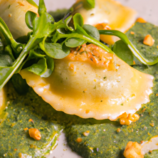 Raviolis de patate douce au pesto de roquette
