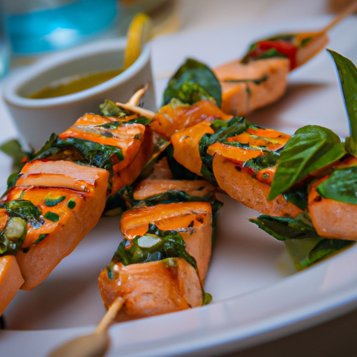 Brochettes de saumon mariné au citron vert et à la coriandre