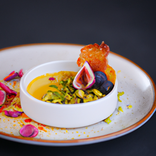 Crème brûlée aux fruits de la passion et éclats de pistaches