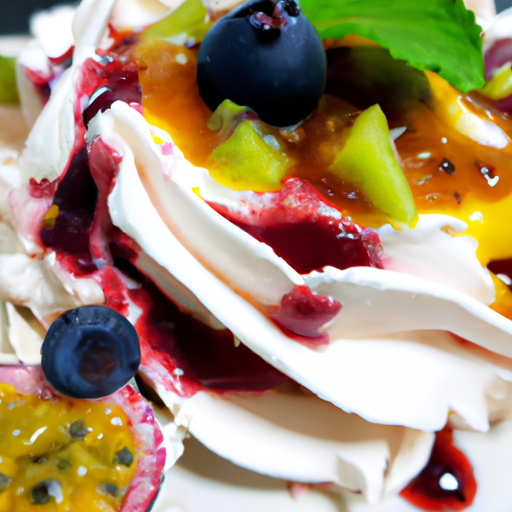 Pavlova aux fruits exotiques et coulis de fruits de la passion