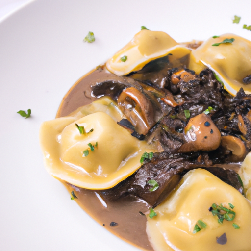 Raviolis aux champignons sauvages et sauce au vin rouge