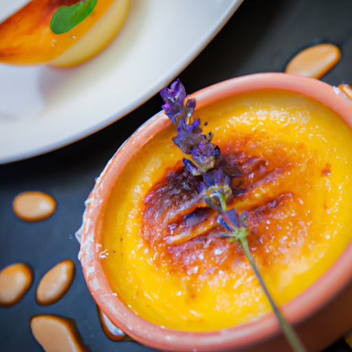 Crème brûlée à la lavande et aux pêches rôties