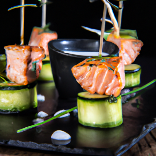 Brochettes de saumon mariné au citron vert et lait de coco