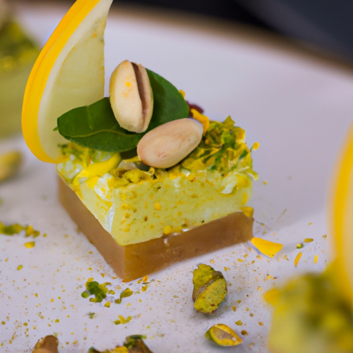 Carrés de citron et basilic sur croûte de pistaches