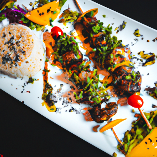 Brochettes de poulet sauce satay et riz sauté aux légumes croquants