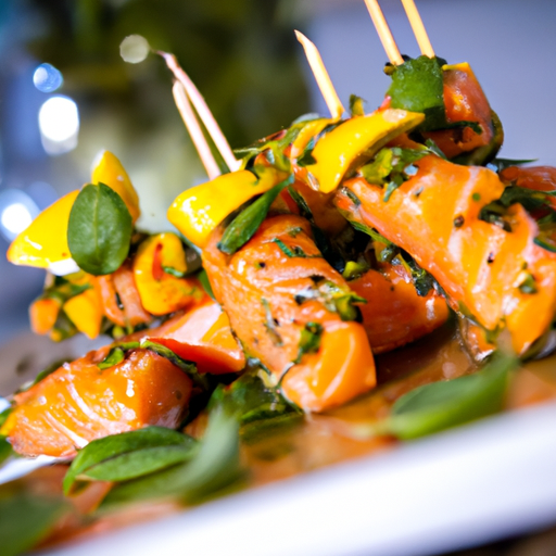 Brochettes de saumon mariné au citron vert et à la coriandre