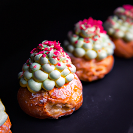 Mini choux à la crème de pistache et éclats de framboises