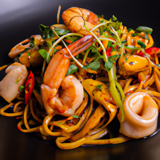 Nouilles sautées aux crevettes et à la mangue