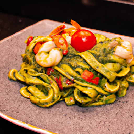 Pâtes au pesto rouge et crevettes sautées