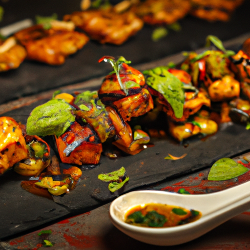 Brochettes de poulet sauce cacahuète et mangue
