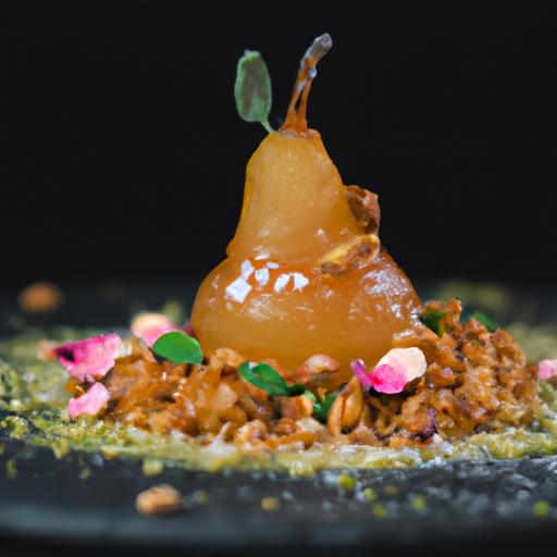 Poires rôties au sirop de romarin et crumble de pistaches